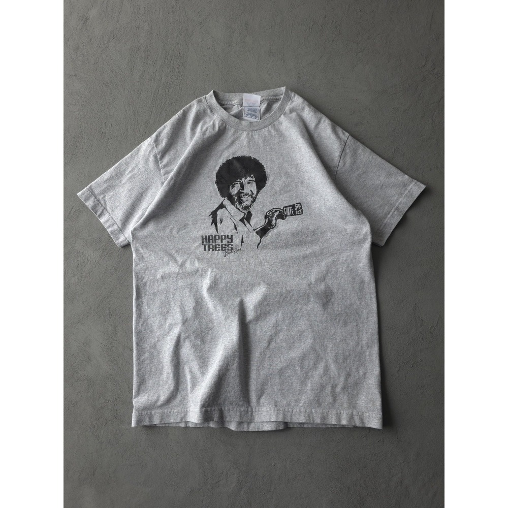 Vintage 2000s Y2K Bob Ross Happy Trees Painter Grey Cotton T-shirt L